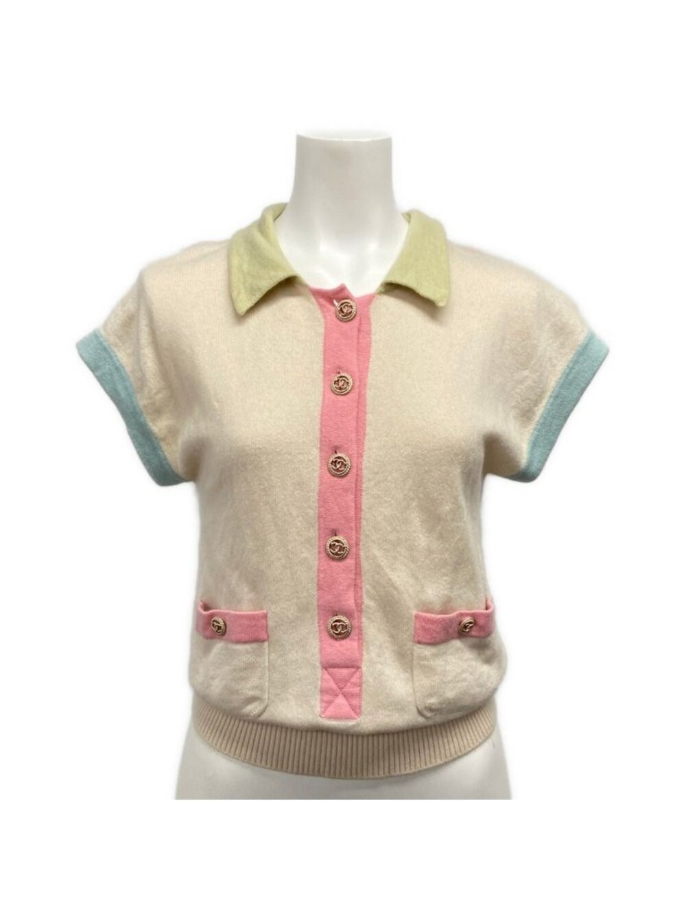 Chanel Short Sleeve Sweater S Beige Light Green Multi